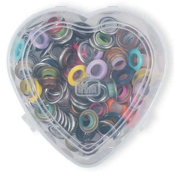 Prym Ösen mit Scheiben, bunt, in Herzbox, 8 mm 542620